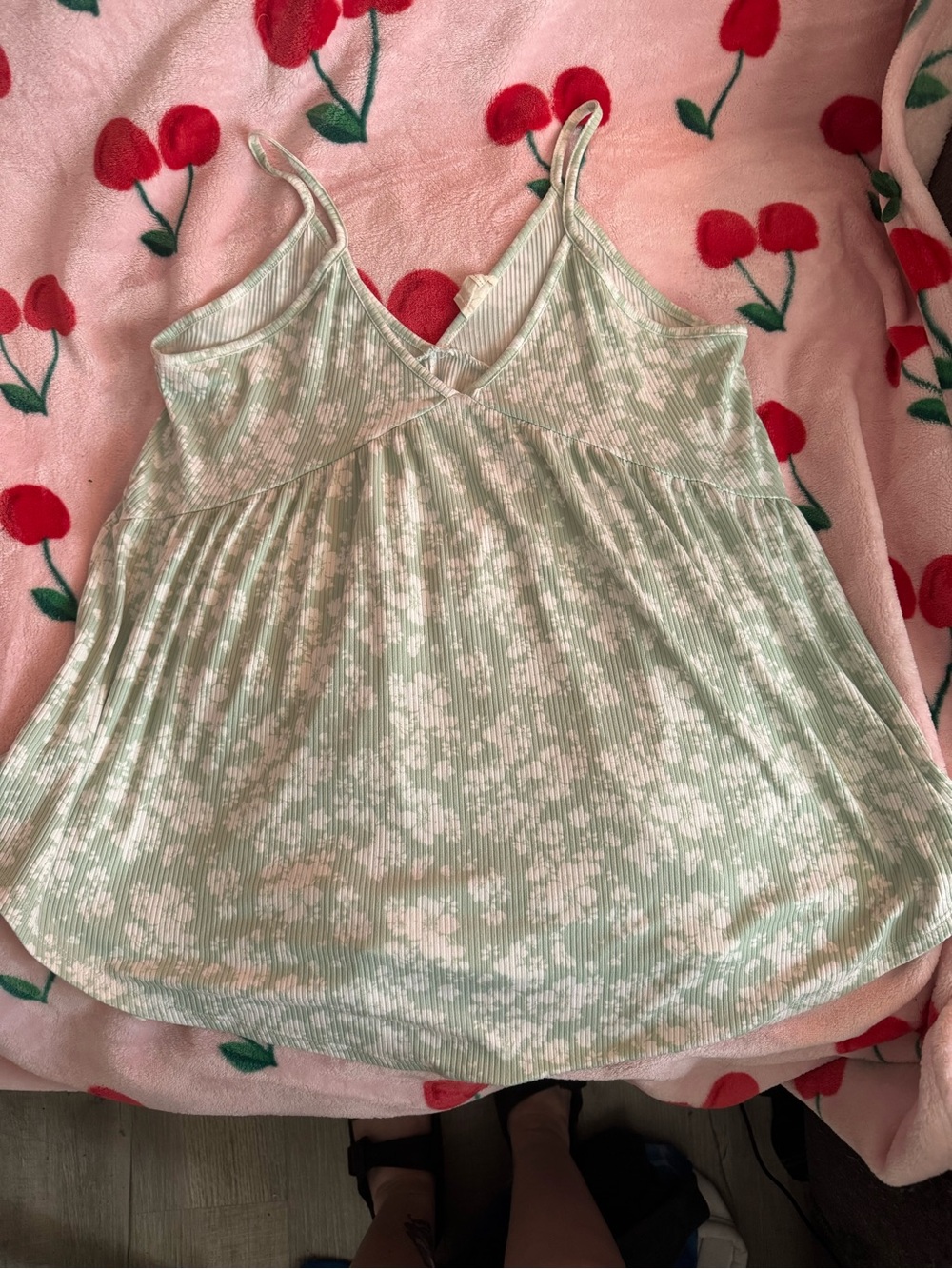 Lovely Melody Mint Green Floral Ribbed Babydoll Cami